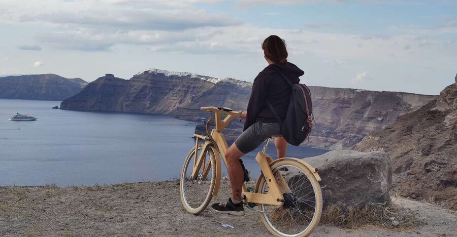 Santorini's Handcrafted Wooden E-Bike Rental - Riding toward Vlychada and Red Beach